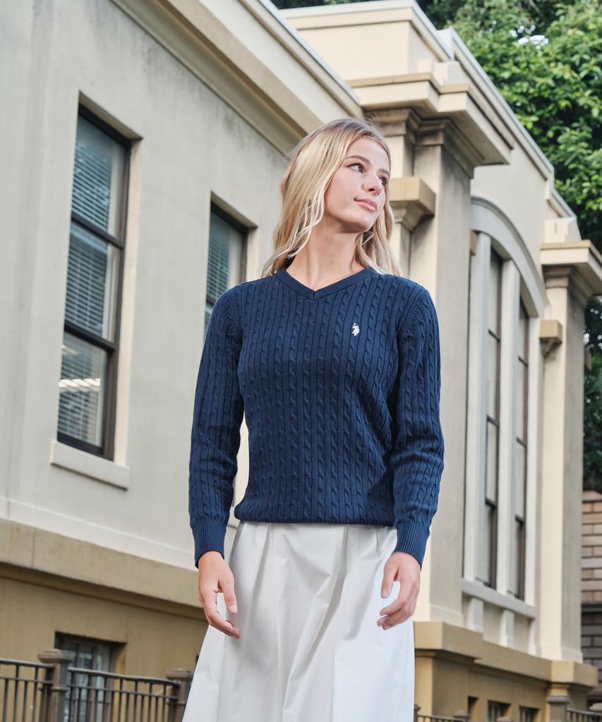 USPOLOASSN Cotton Long Sleeve Cable V-Neck Knit_Navy