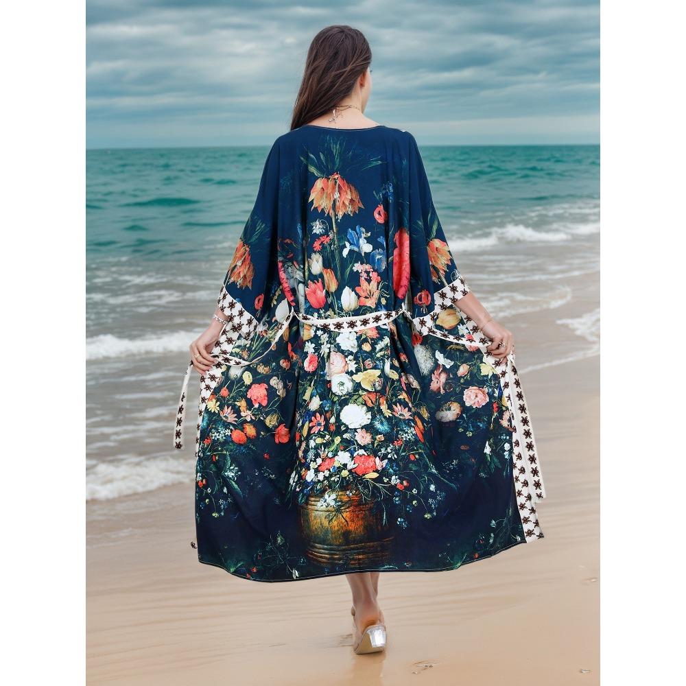 Plus Size Boho Kaftan Dress, Women's Plus Maxi Cover Up Dress