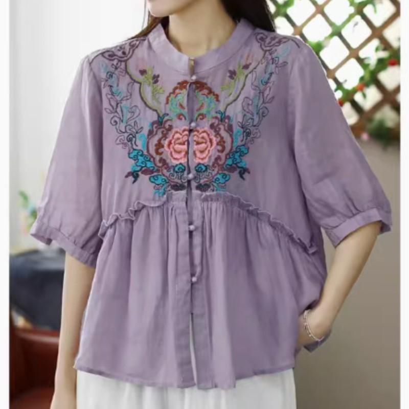 Johnature Women Embroidery Floral Vintage Shirts Tops Stand Half Sleeve Blouses