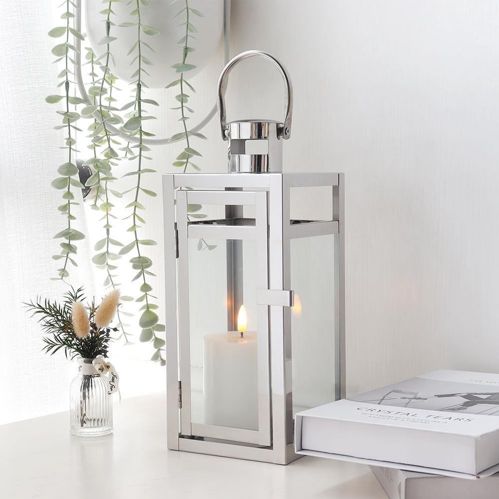 Sliver Stainless Steel Candle Holder Lantern Hanging Lantern Candlestick Light for Indoor Outdoor Wedding Centerpiece Home Decor