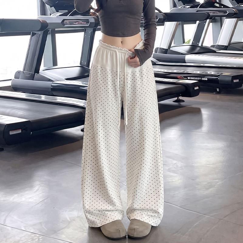 Womens High Waist Polka Dot Loose Casual Drawstring Wide Leg Pants