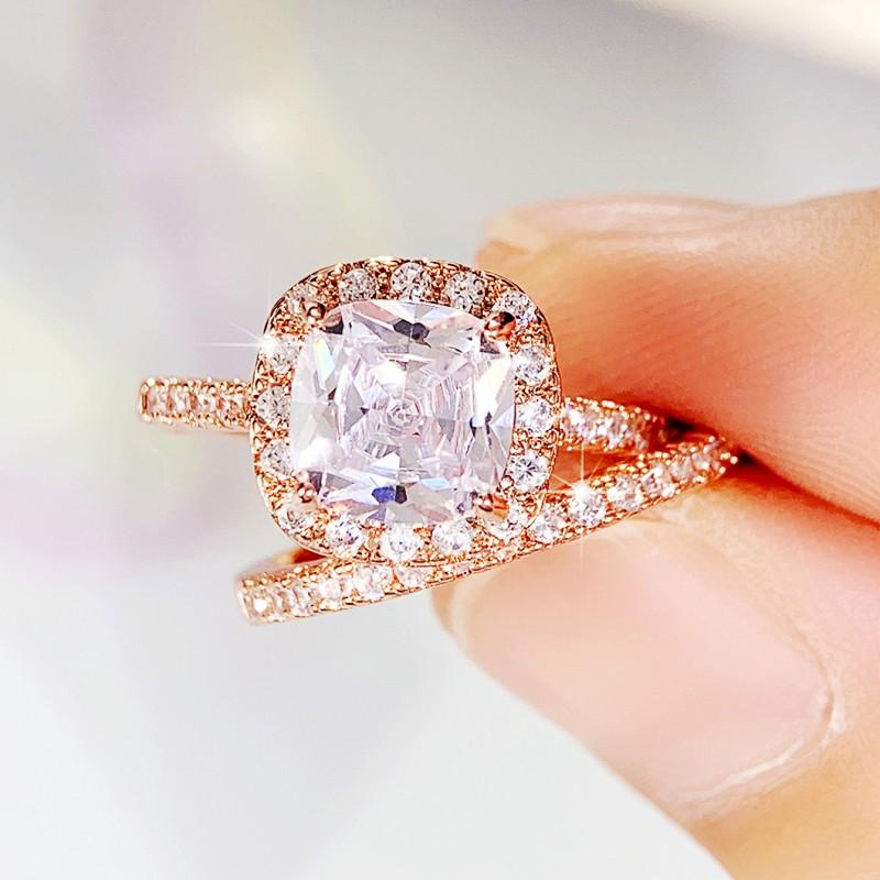 Huitan 2Pcs/Set Ring for Women Wedding Engagement Charming Finger Accessories Inlaid Shining CZ Elegant Party  Jewelry