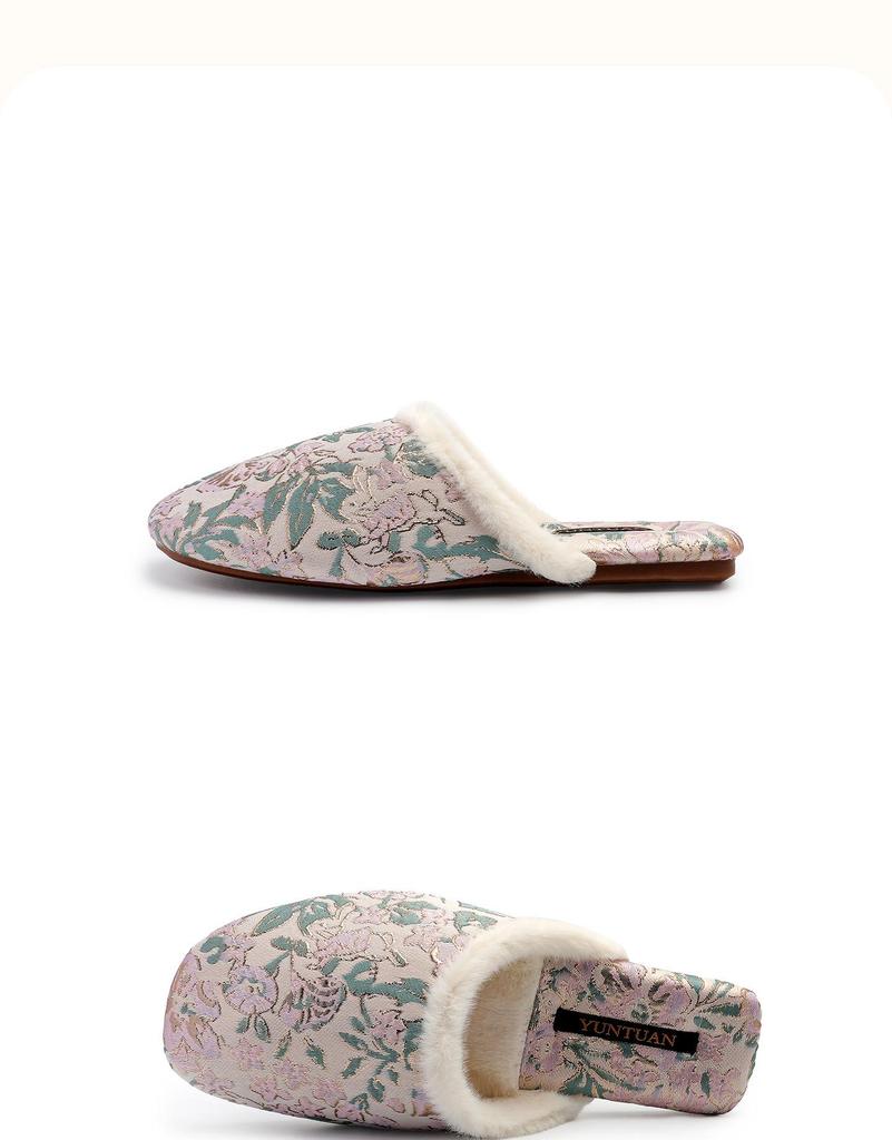 Damen Fleecegefütterte Florale Jacquard Chinesischer Stil Rutschfeste Warme Baumwollpantoffeln für Herbst und Winter