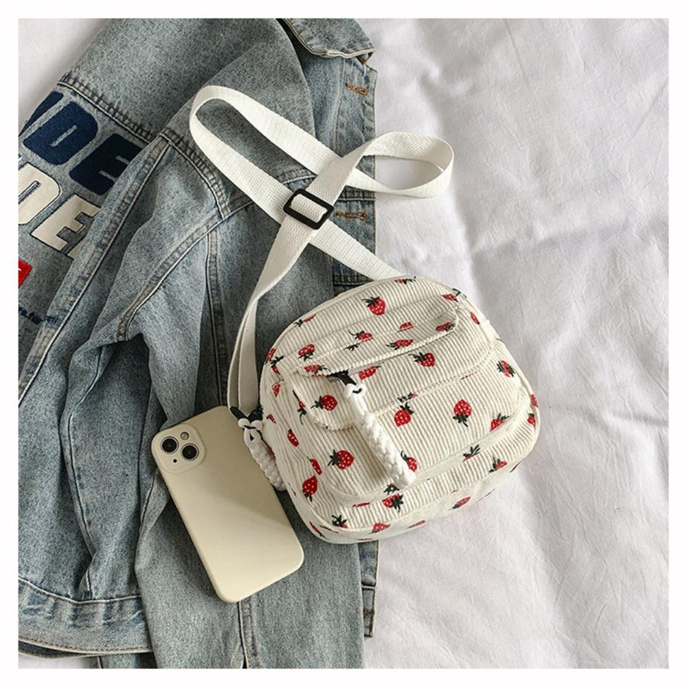Fashion Printing Strawberry Crossbody Bag Zipper Corduroy Sweet Shoulder Bag Women Girl Gentle Handbag