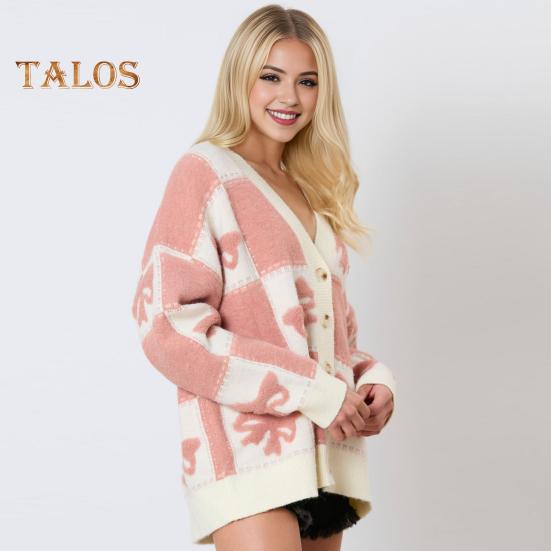 Women Autumn Winter Sweater V-Neck Long Sleeve Single Breasted Knitting Sweater Bowknot Plaid Print Sweater Coat