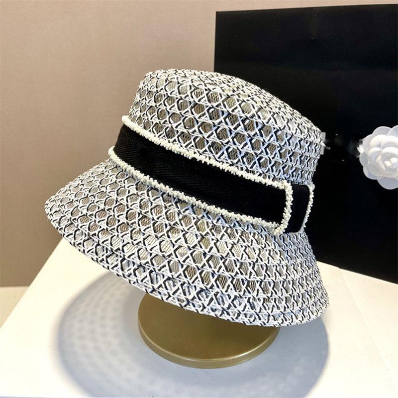 Women French Pearl Hollow Straw Hat Wide Brim Summer Sun Protection Bucket Hat