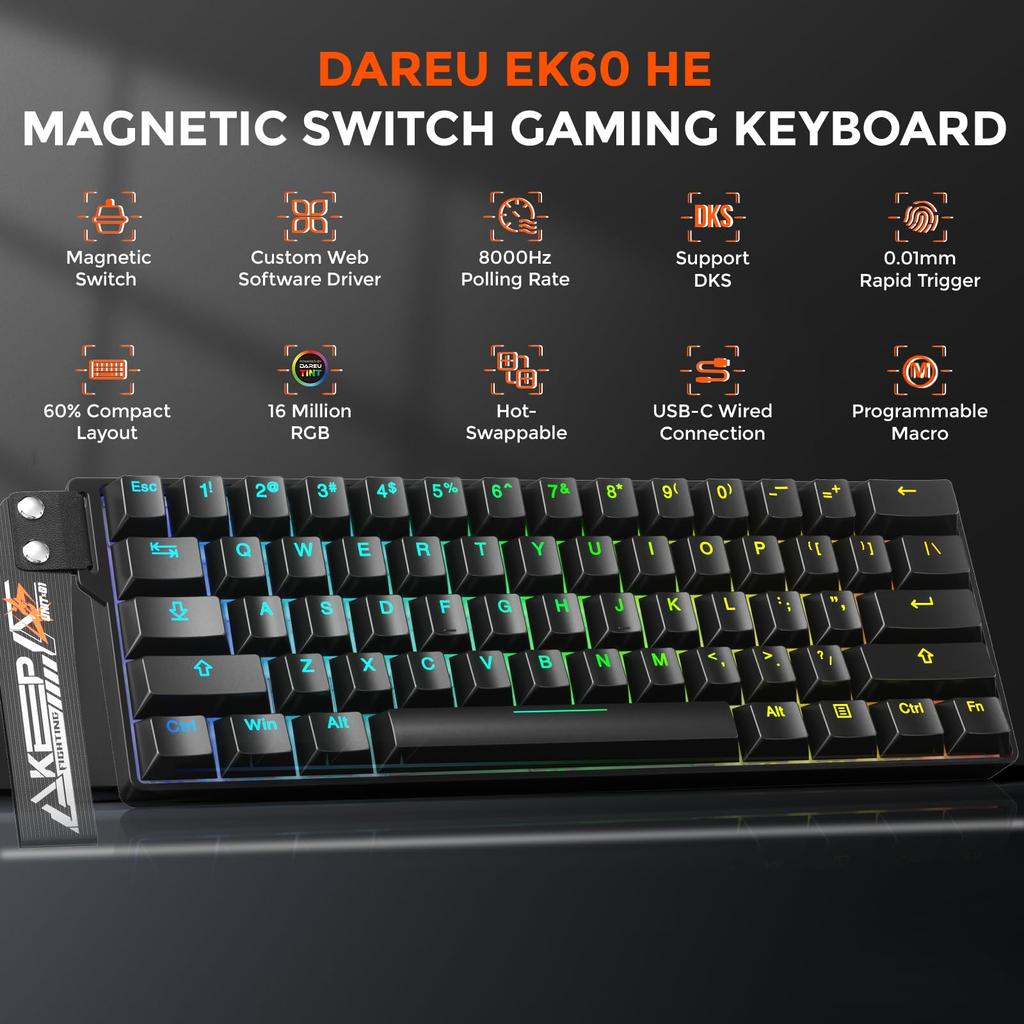 DAREU EK60HE Gaming Keyboard with 0.01mm Rapid Trigger, 8000Hz Polling Rate, Hot-Swap Magnetic Switches, SOCD Compatible, Tenkeyless, 60% English