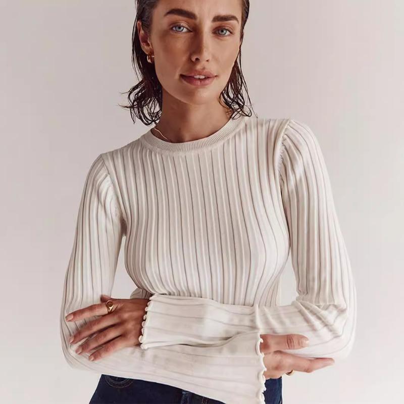 Women's Crewneck Knitted Sweater, Long Sleeve Pitted Stripe Base Layer, Solid Color Tight Autumn and Winter Top