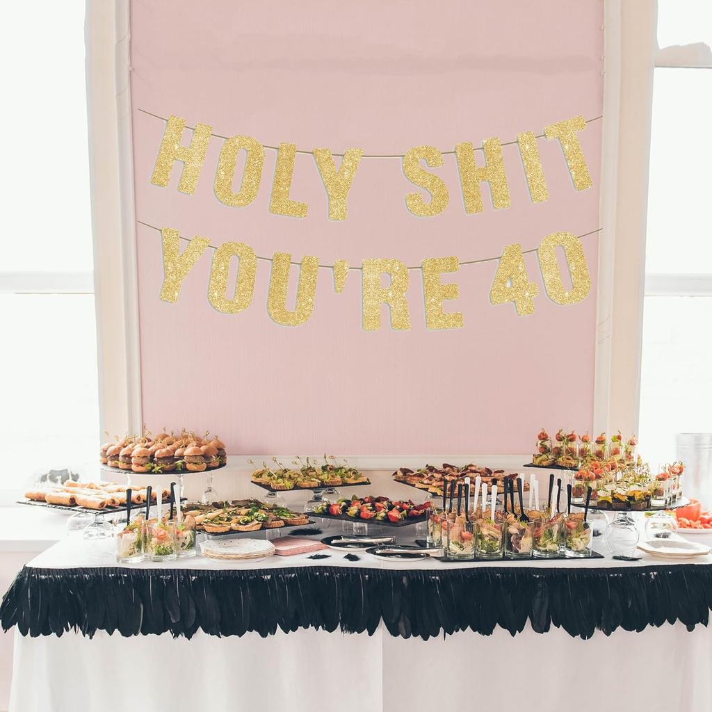 40th Birthday Banner Gold Glitter, Happy 40th Birthday Decorations for Men, Funny 40th Party Decorations for Women, 40 Year Old Sign Decor