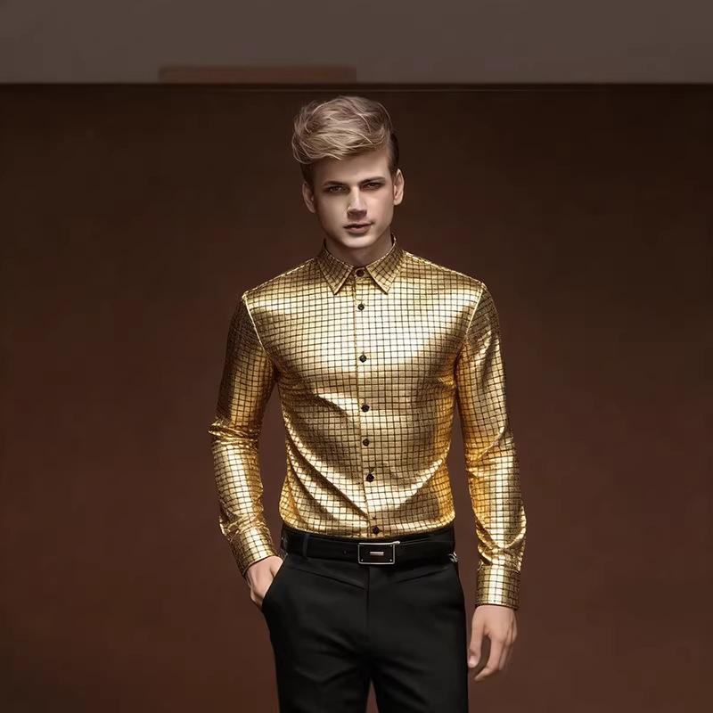 Men's Gold Metallic Grid Dress Shirt Slim Fit Long Sleeve Button Down Shirt