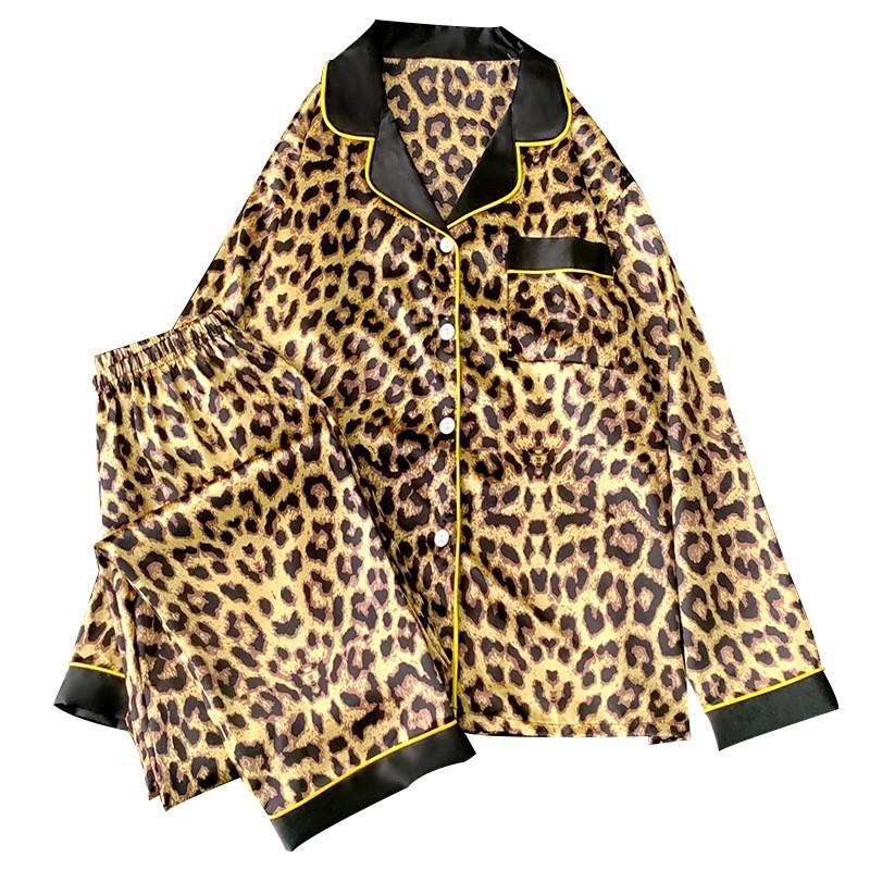 Womens Long Sleeve Pants Pajama Set Leopard Print Ice Silk Loungewear Soft Casual Homewear