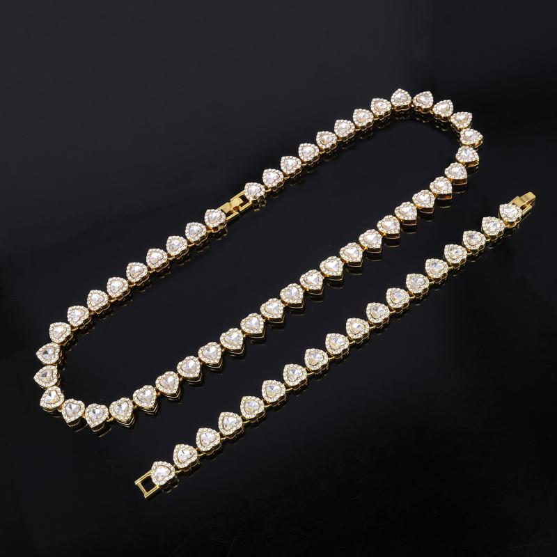 Bracelet Collier Chaîne Tennis Hip Hop 45 cm Cœur Brillant Cz Bijoux de Fête Rock