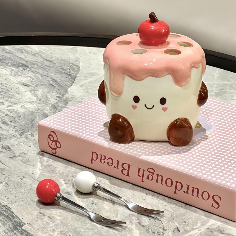 Cake Fruit Fork Set,Household Ceramic Jar Stainless Steel Dessert Cute Small Storage Jar Insert Child Safety Fruit Stick