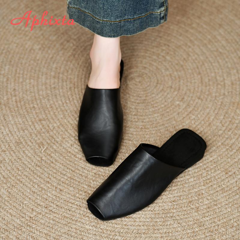 Aphixta Peep Toe Flat With Mules Sandals Black Concise Flip Flops Slip On Summer Outings Woman Shoes Big Size 42 Women's Mules