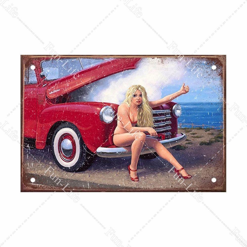 Vintage Pinup Girl with Car Metal Poster Tin Sign Home Bar Cafe Garage Decor