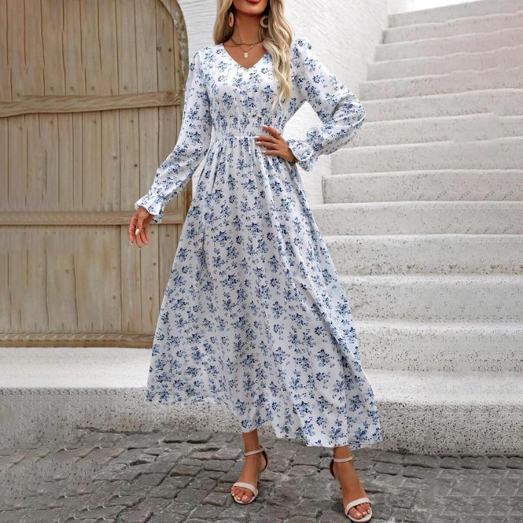 Women Floral Print V-neck Long Sleeve A-Line Dress Spring Summer Casual Elastic High Waist Ankle-Length Dresses