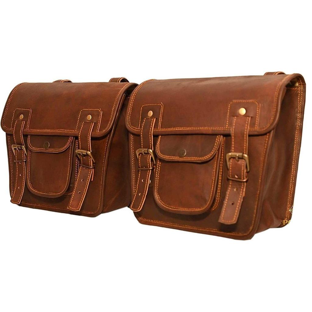 9x11 Leather Combo Kit For Motorcycle Saddle Bag TWO Brown Side Pouch Panniers