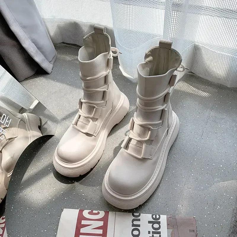 New Fashionable and Versatile Elastic Knitted Short Boots for Women, Thick Soled and Height Increasing Lace Up Short Boots