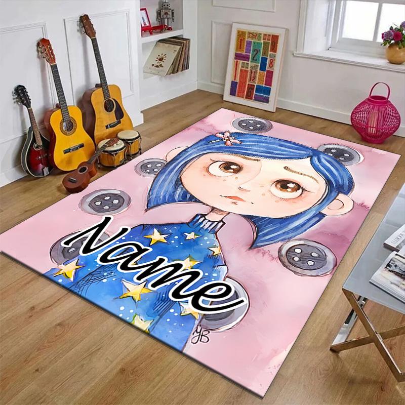 Custom Coraline Mat Personalized Name, Polyester Washable Indoor Entryway Rug, Gift for Christmas, Easter, Thanksgiving Day