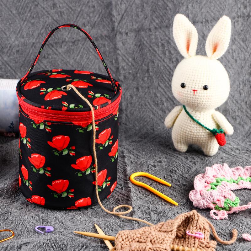 Yarn Storage Bag Storage Bucket Bag Handmade Crochet Bag Wristlet Bag Portable with Built-in Holes Travel-Friendly