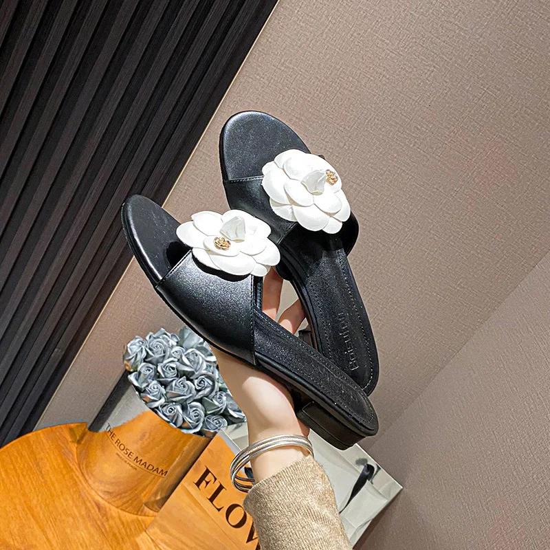 Women Shoes Summer Fashion Flowers Leather Slipper Ladies Elegant Casual Sandals Girl Heels Slides