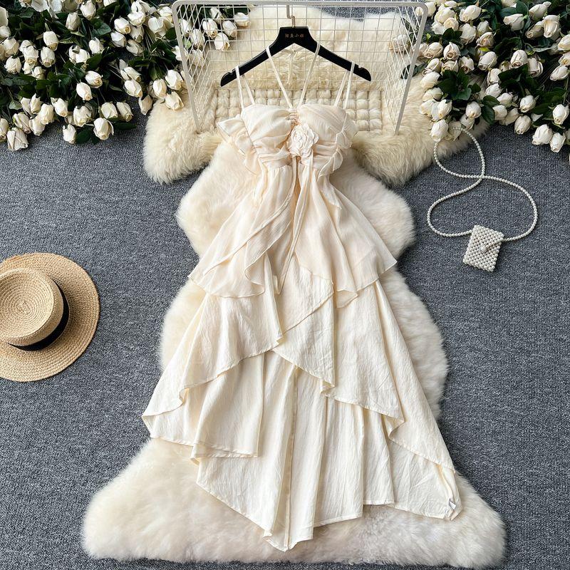 Pure Desire Style Sling Dress Women's Summer Wear New Design Sense Pleated Tube Top Halterneck Waist-Tight Asymmetrical Chiffon Dress