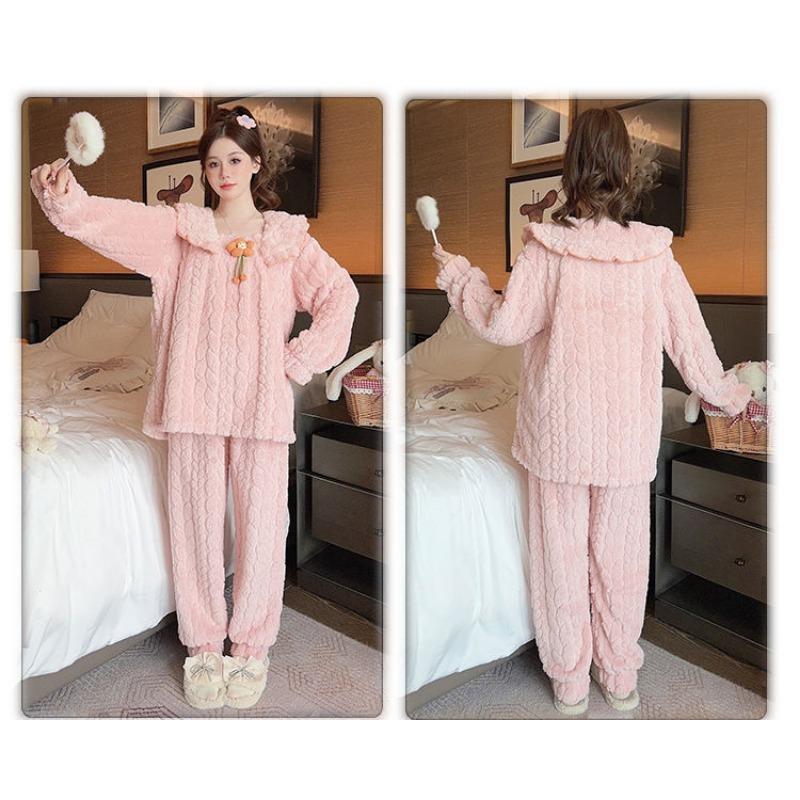 Pajamas Female Autumn and Winter Intensification Coral Fleece Extra Large Cute Flannel Warm Loungewear Set Sleepwear Women
