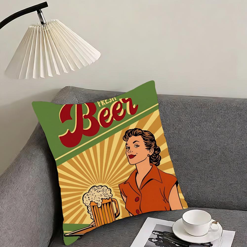 Poszewka na poduszkę w stylu retro z motywem piwa i wina, dwustronna, pluszowa – Do samochodu, na sofę, do sypialni, idealna na prezent.