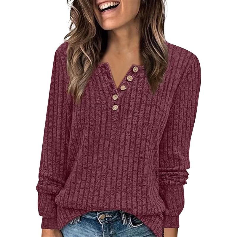 Women's Round Neck Ribbed Patchwork Solid Color Button T-shirt