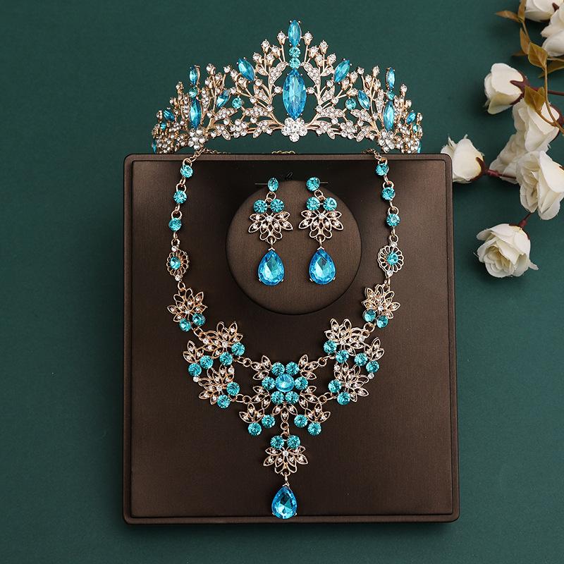 DIEZI Korean Sky Blue Crystal Crown Women Girls Headwear Luxury Bridal Bride Tiaras Necklace Earrings Wedding Party Jewelry Sets
