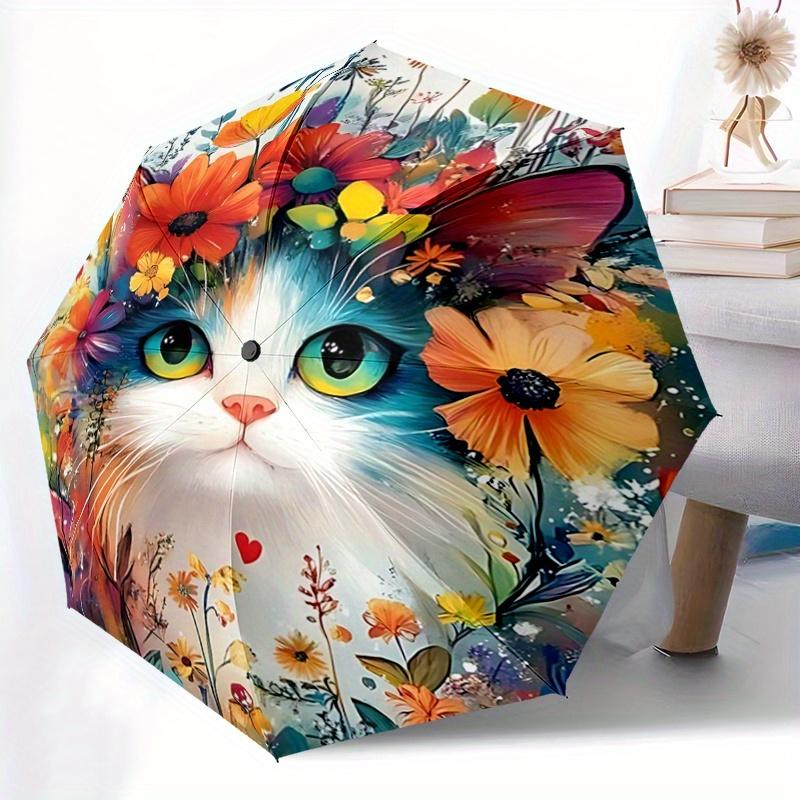 1pc Cat Artwork Ideas Design Fully Automatic Folding Portable Umbrella, 8 Iron Frames, Three-Fold Design, Suitable for All Seasons, Suitable for