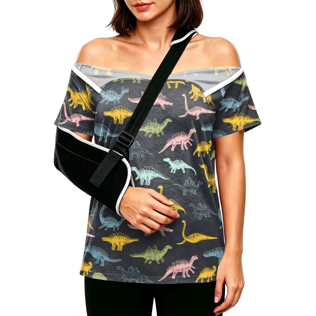Post Surgery Women Short Sleeve Shirt Cartoon Animal Print Shoulder Zipper Side Velcro Closure Comfortable Fit Medical Recovery Top