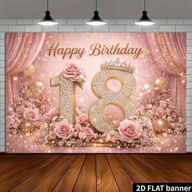 2D Pink Gold 18th Birthday Backdrop for Debut/Coming-of-Age Party Photoshoot