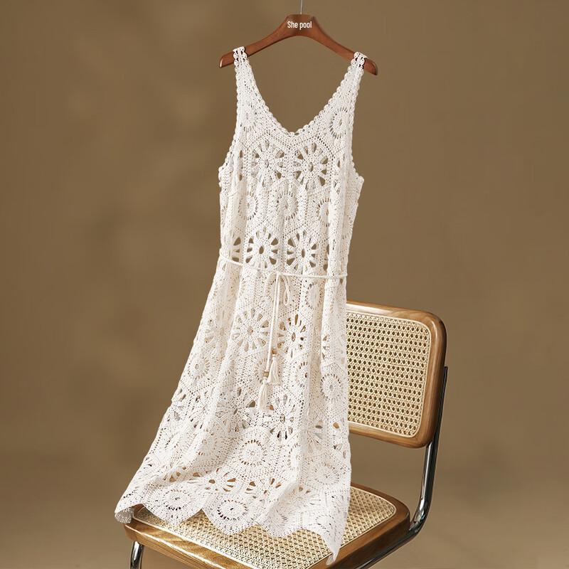 Elegant Hollow Lace Camisole Midi Dress M