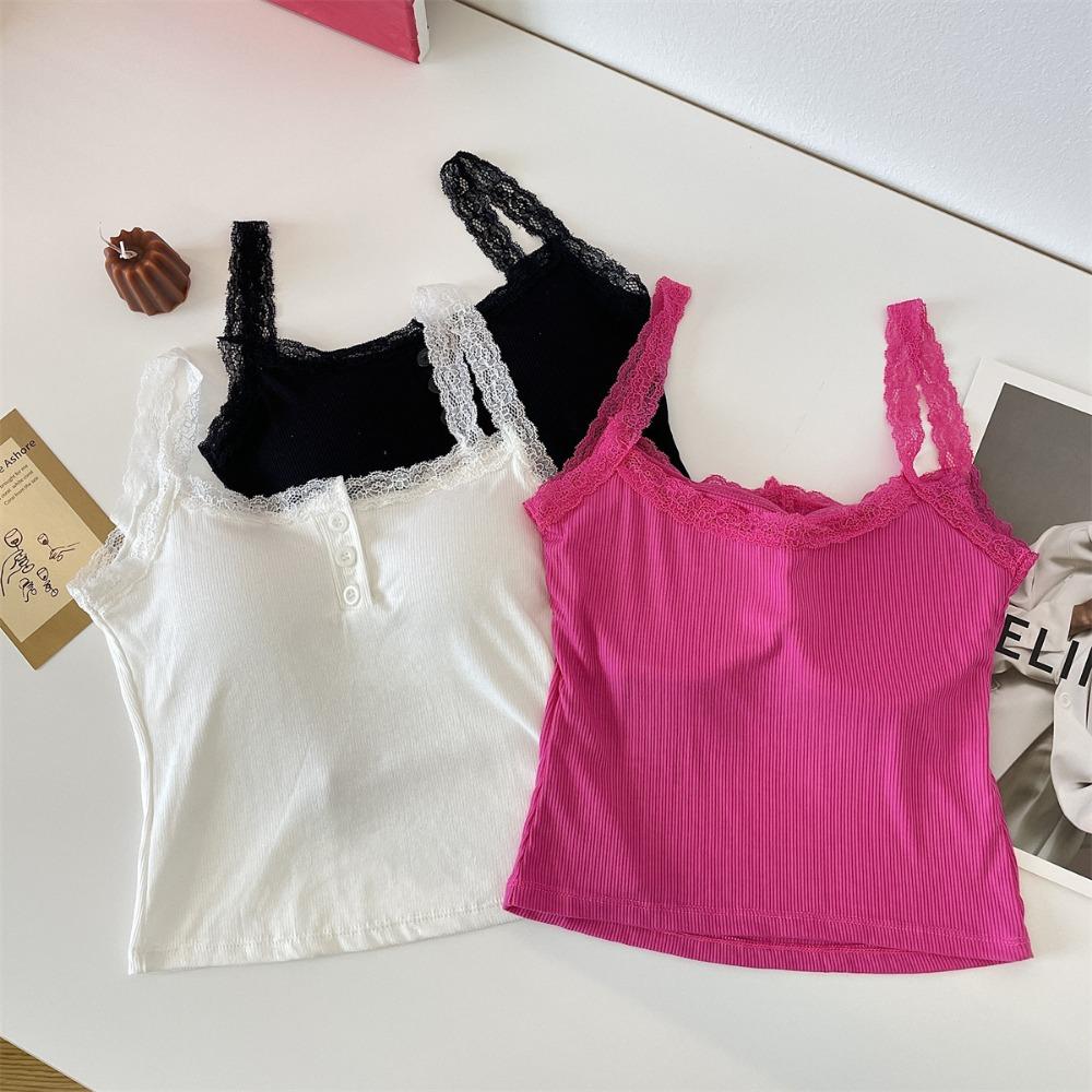 Camiseta sin mangas acanalada de encaje, Tops cortos con cuello Halter para mujer, camisola con botones, camisola con espalda al aire, chaleco recortado sin mangas de tubo de punto a la moda para mujer
