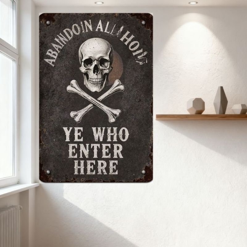 Vintage 'Abandon All Hope' Skull Crossbones Metal Sign, Gothic Pirate Warning Tin Sign for Bar Pub Home Wall Decor, Rustic Aged