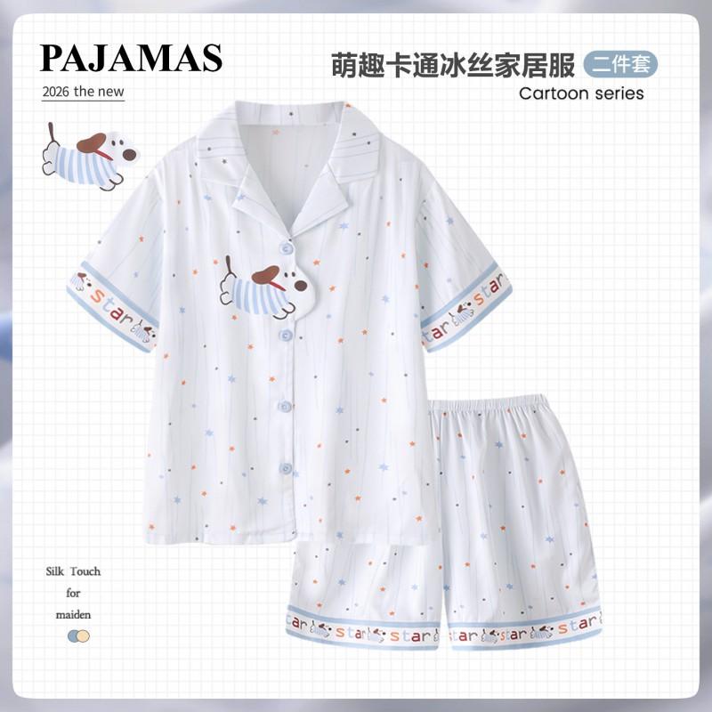 Boys Lightweight Ice Silk Pajama Set Short Sleeve Sleepwear Kids 3-8 Years Cartoon Print Two-Piece Home Wear