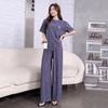 Qianye Women's Autumn Pajama Set – Pleated Short Sleeve Top & Long Pants with Embroidered Letter.