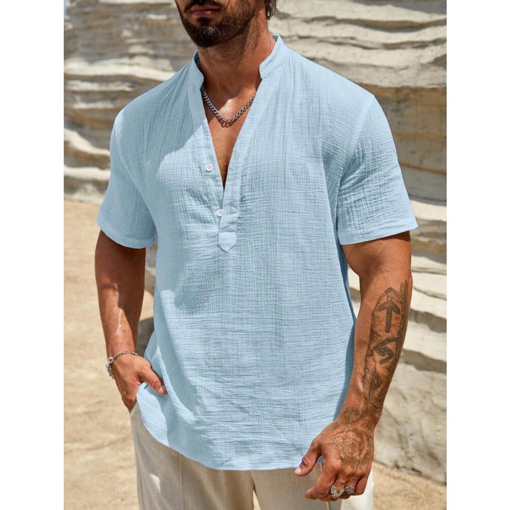 Ľanová pánska ležérna košeľa Henley Trendová a všestranná košeľa na plážovú dovolenku