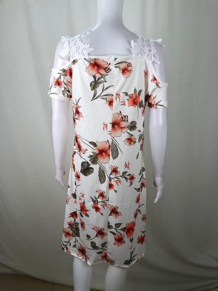 Sommer schulterfrei Blumendruck Sexy Spitze Sommerkleid Damen Lässig Strand Urlaubs Kleid Kurzarm Vestidos Mode Damen