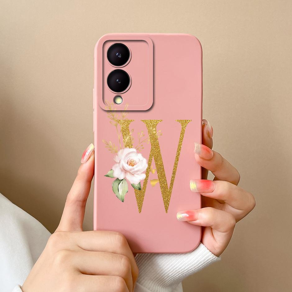 Case For VIVO Y17S 4G A To Z Cute Flower Letter Pattern Smooth Liquid Silicone Shell For VIVOY17S Y17s 4G Fashion Couple Fundas