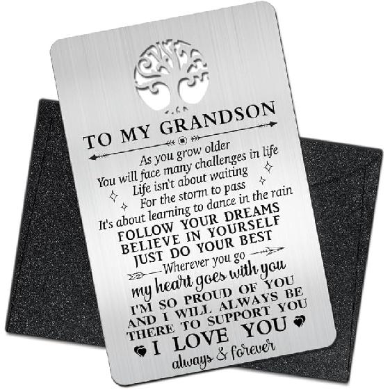 To My Grandson I Love You Wallet Card, Engraved Metal Wallet Insert Card with Love Note from Grandpa Grandma, Inspirational Gifts Graduation