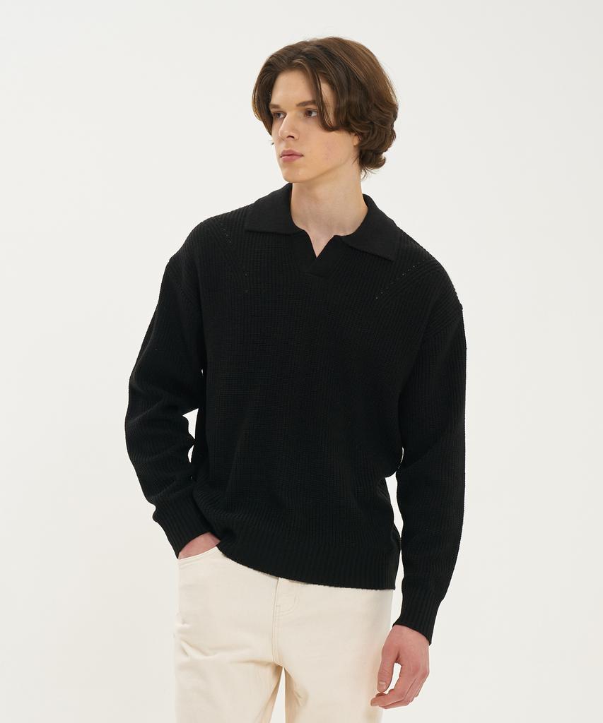 BLOND9 Shoulder Point Open Collar Rib Knit_Black