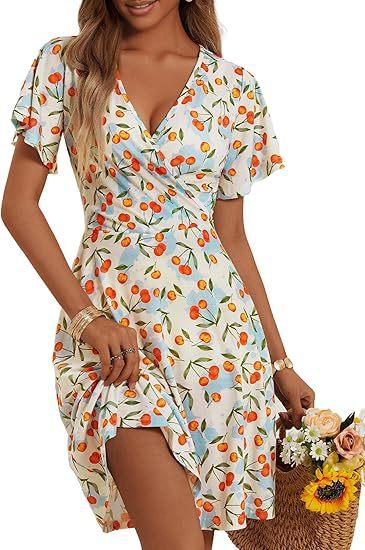 Summer Floral Short Sleeve Wrap V-Neck A Line Midi Dress
