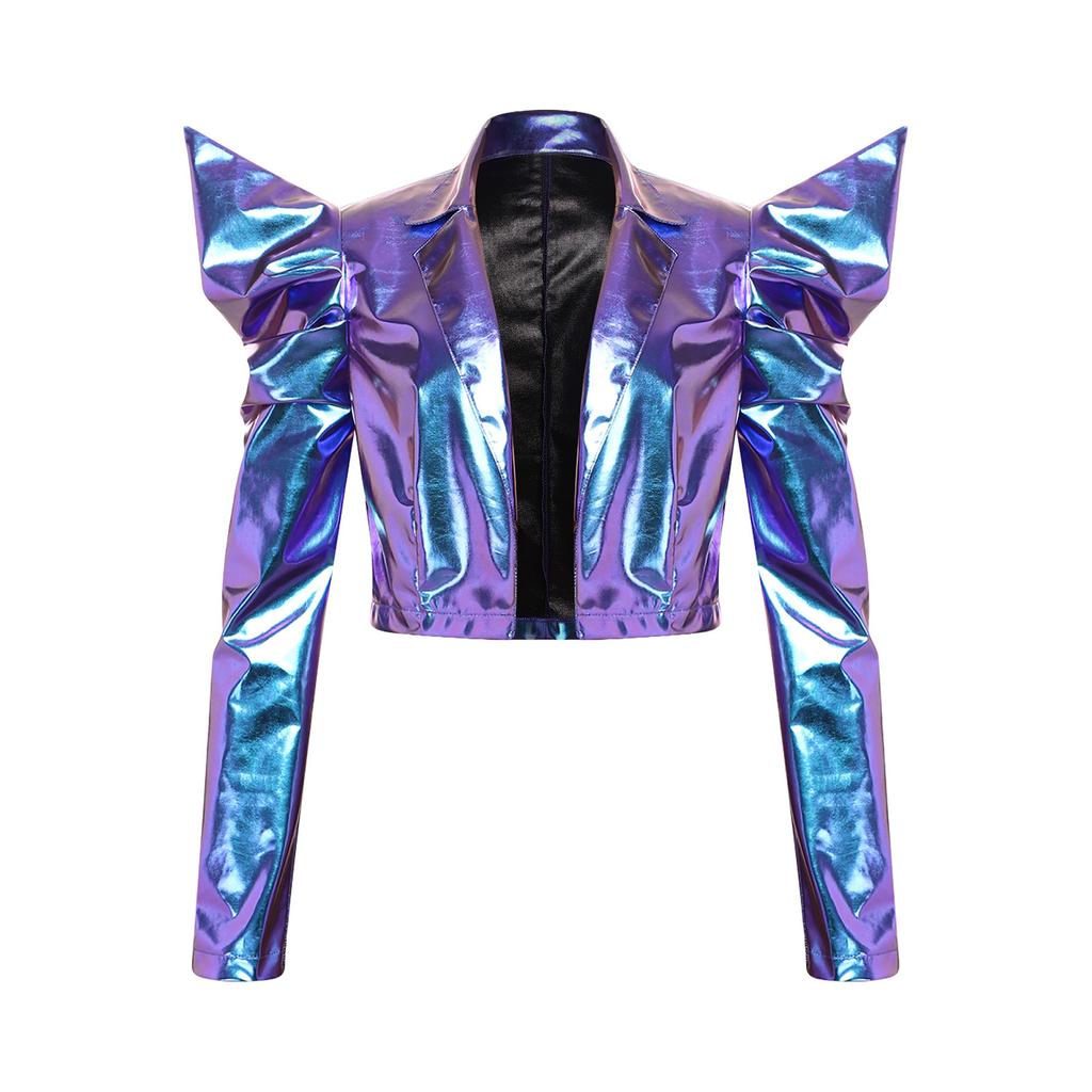Jaqueta Crop Feminina Metálica Brilhante Manga Bufante Dramática Manga Longa Blazer Crop Aberto na Frente com Lapela