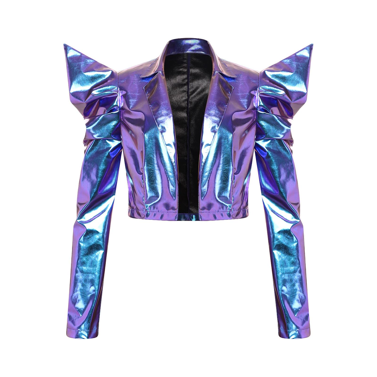 Damen Metallic Glänzend Crop Jacke Dramatische Puffärmel Langarm Offen Vorne Revers Crop Blazer S blau