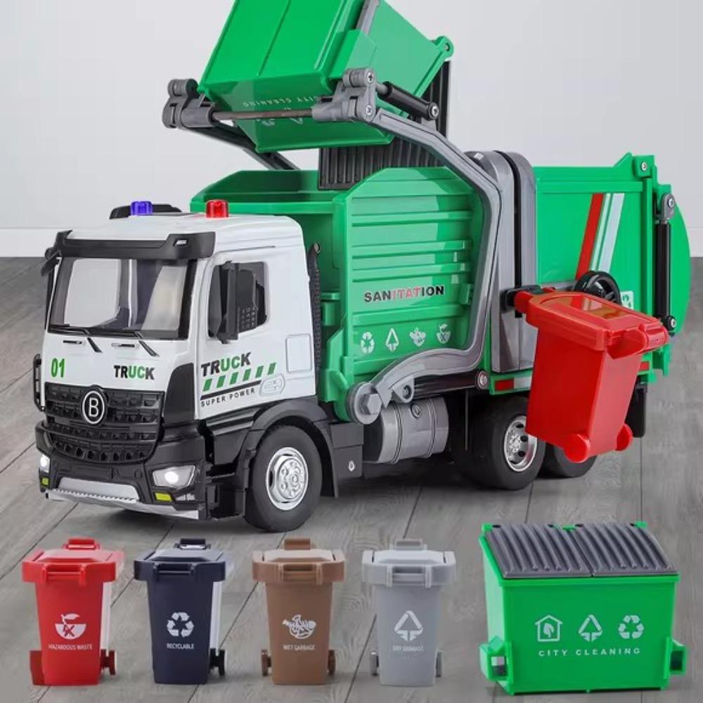 1:32 Garbage Car Model Toy Sound Light Wheel Steering Shock Absorption Urban Sprinkler Truck Models for Boys Birthday Gifts