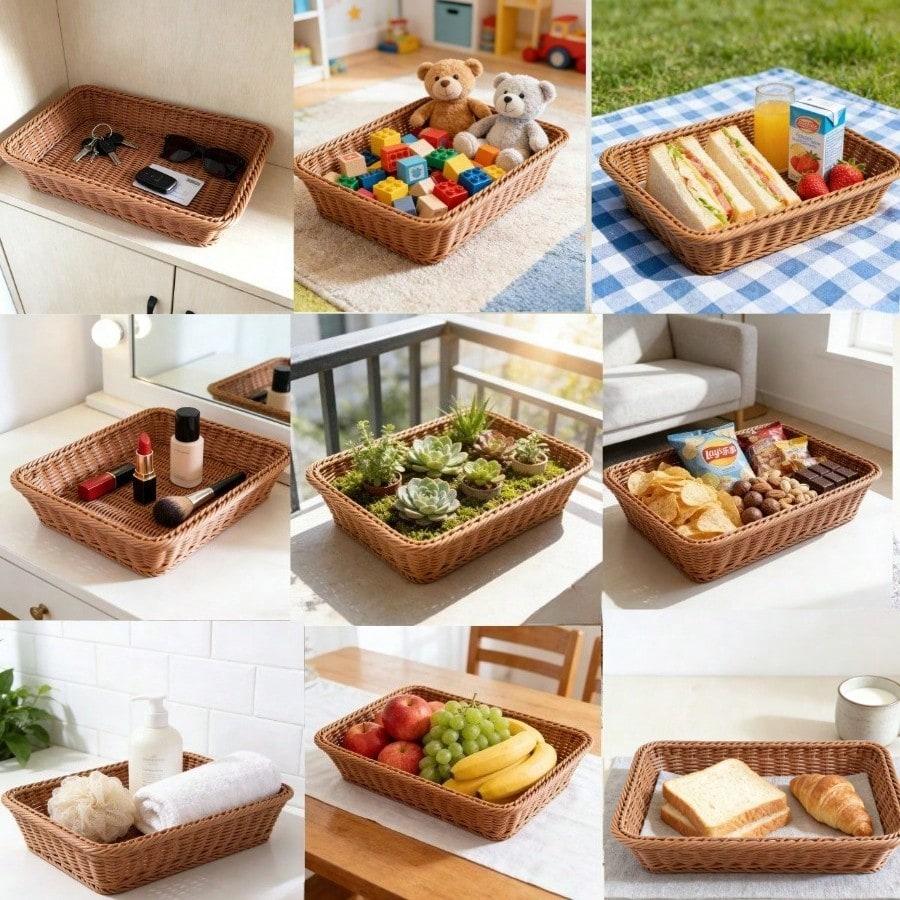 Rattan Fruit Basket Woven Display Crate Rectangular Bread Vegetable Showcase Basket Desktop Organizer for Melons and Fruits Multi-functional storage