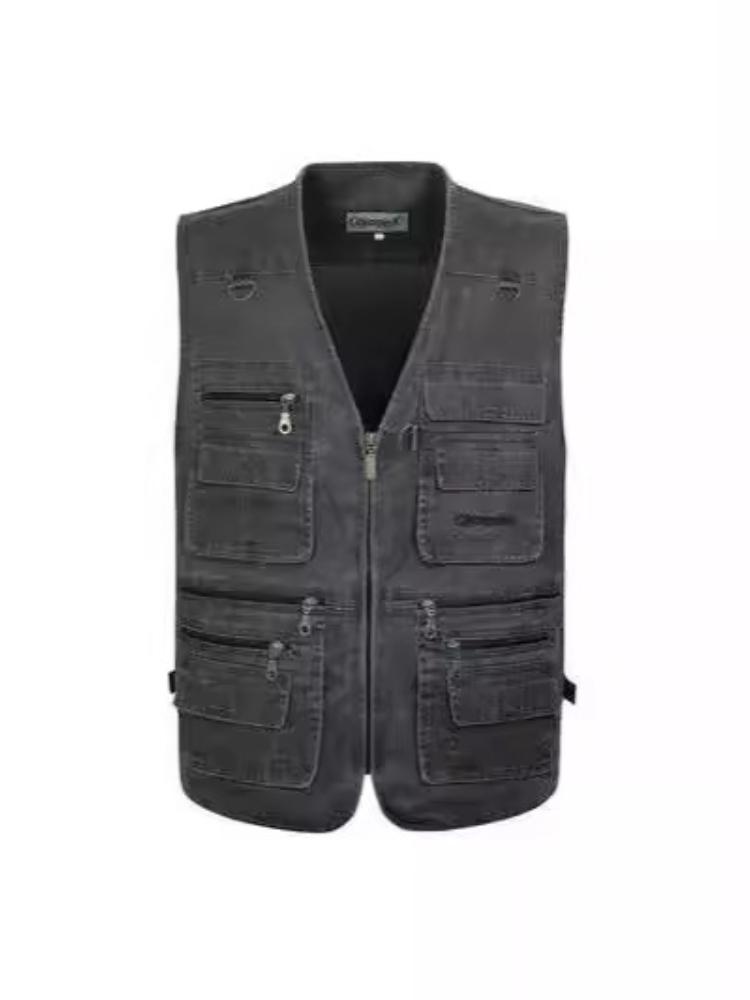 Pánská pracovní vesta bez rukávů s více kapsami, ležérní užitková vesta v béžové, armádní zelené, tmavě šedé, khaki, námořnické modré, velikosti XL-10XL