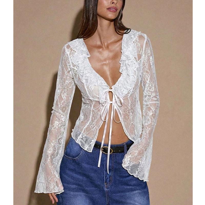 Sexy Going Out Tops for Women Long Sleeve Sheer Lace Front Tie Shirts